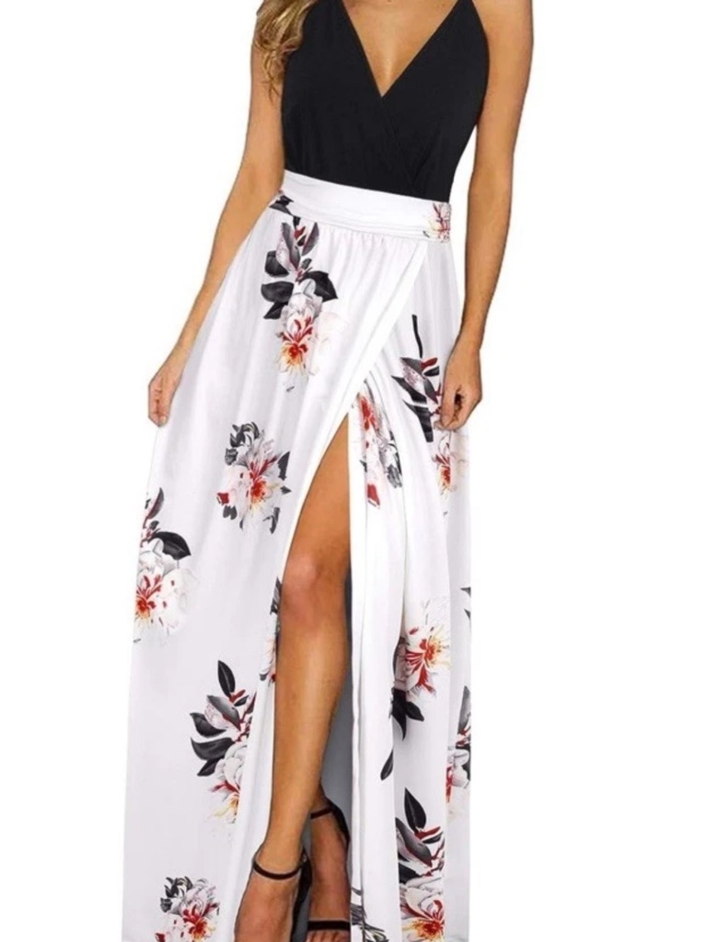 Women's White Floral Summer Beach Vacation Maxi Dress High Slit Flowy L